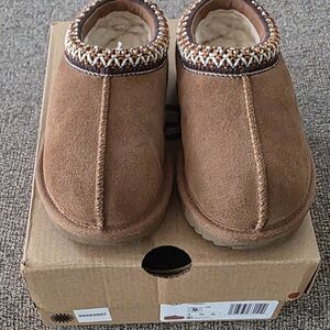UGG Tan Suede Slippers with Embroidered Trim